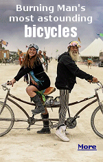 Decorating a Burning Man bicycle is a lot like putting up a Christmas tree. It�s a yearly ritual about which people are deeply sentimental, and everyone has their own style. Some prefer minimalist fabrics and strands of LEDs, while others build multi-rider frankenbikes or adorn their wildly imaginative steeds in fur, rhinestones, skulls, stuffed animals, rocking horses and all kinds of gear that lights up. 